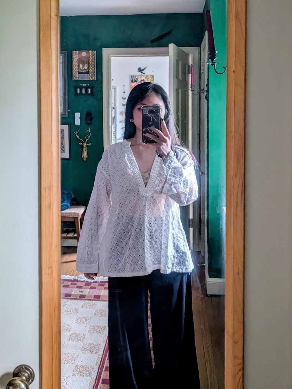 Zara White Eyelet V-Neck Blouse
